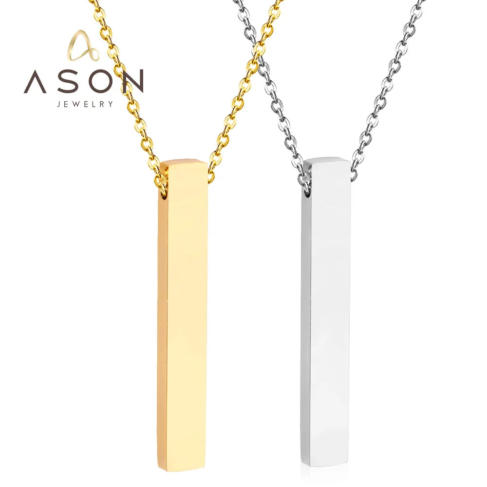 Ason Custom Wholesale OEM Minimalist Jewelry 18K Gold Plated Engraved Long Stainless Steel Simple Bar Pendant Necklace for Women