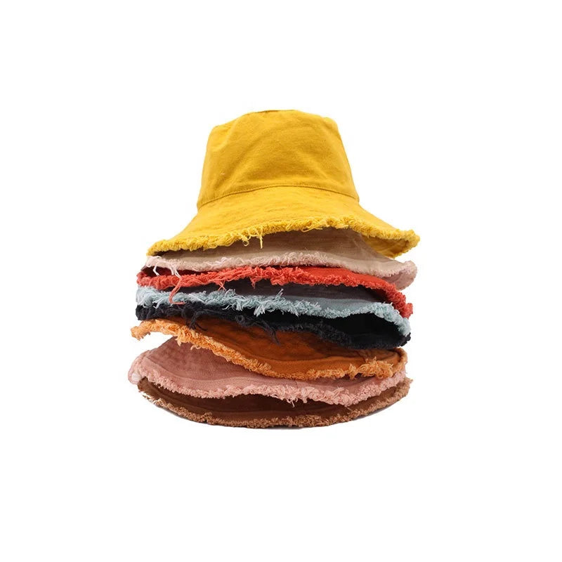 2022 Women Washable Cotton Wide Brim Fringed Floppy Fish Hat Blank Custom Bucket Hat