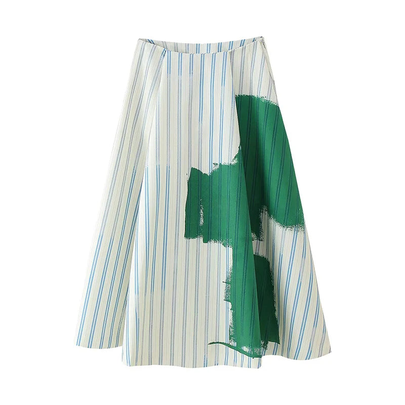 ZATRHMBM Summer Women's Clothing 2025 New Fashion Striped Print Big Swing Skirt Retro High Waist Casual Women's Midi Skirt