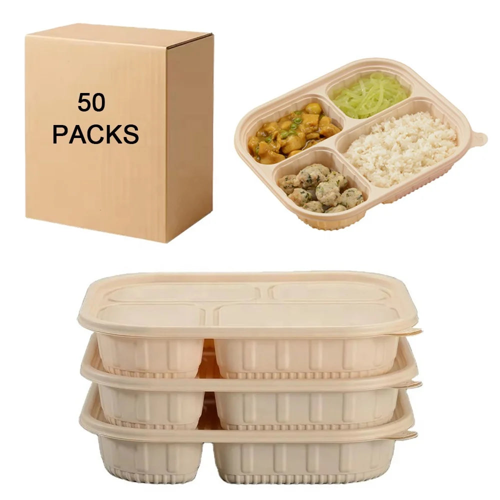 50 Packs Biodegradable 3 4 5 Compartments Takeaway Food Containers Cornstarch Disposable Takeout Lunch Box Microwave Safe
