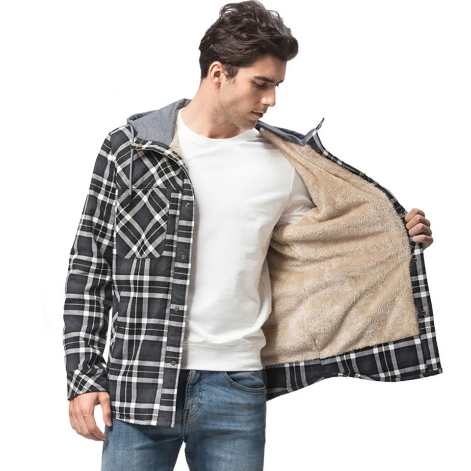 Custom Logo Winter Casual Oversized Sherpa Flannel Print Hooded 100% Polyester Hoodies Sweatshirt for Men 2 Pcs