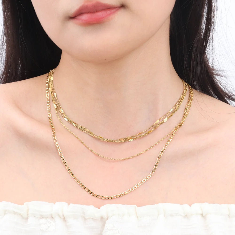 Chris April Fashion Jewelry Water-proof PVD Gold Plated 316L Stainless Steel Figaro & Wave Stacking Chain Necklace