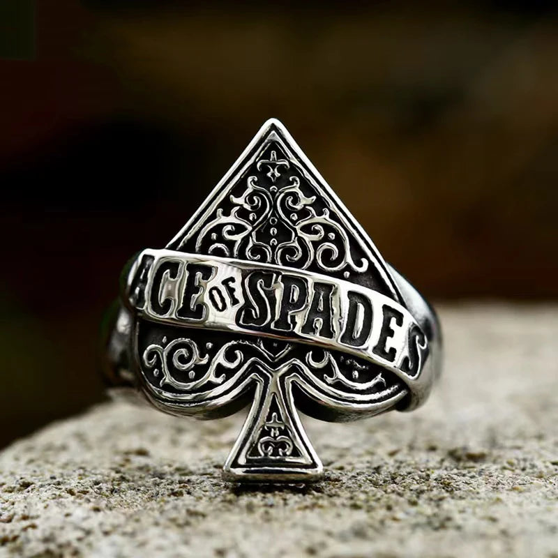 Retro Vintage Stainless Steel Black Ace Spade Poker Gambling Biker Cocktail Party Ring