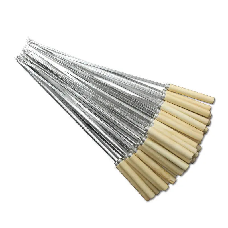 Wholesale 33CM Tige Brochettes Grilling Kebab Stick Reusable Stainless Steel BBQ Skewer Stick Barbecue Rod With Wooden Handle
