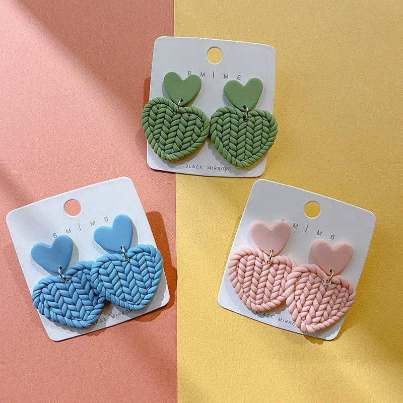 2025 Summer Popular Clay Earring Heart Weave Clay Earrings Polymer Handmade Pretty Gift for Mom Wife Gift