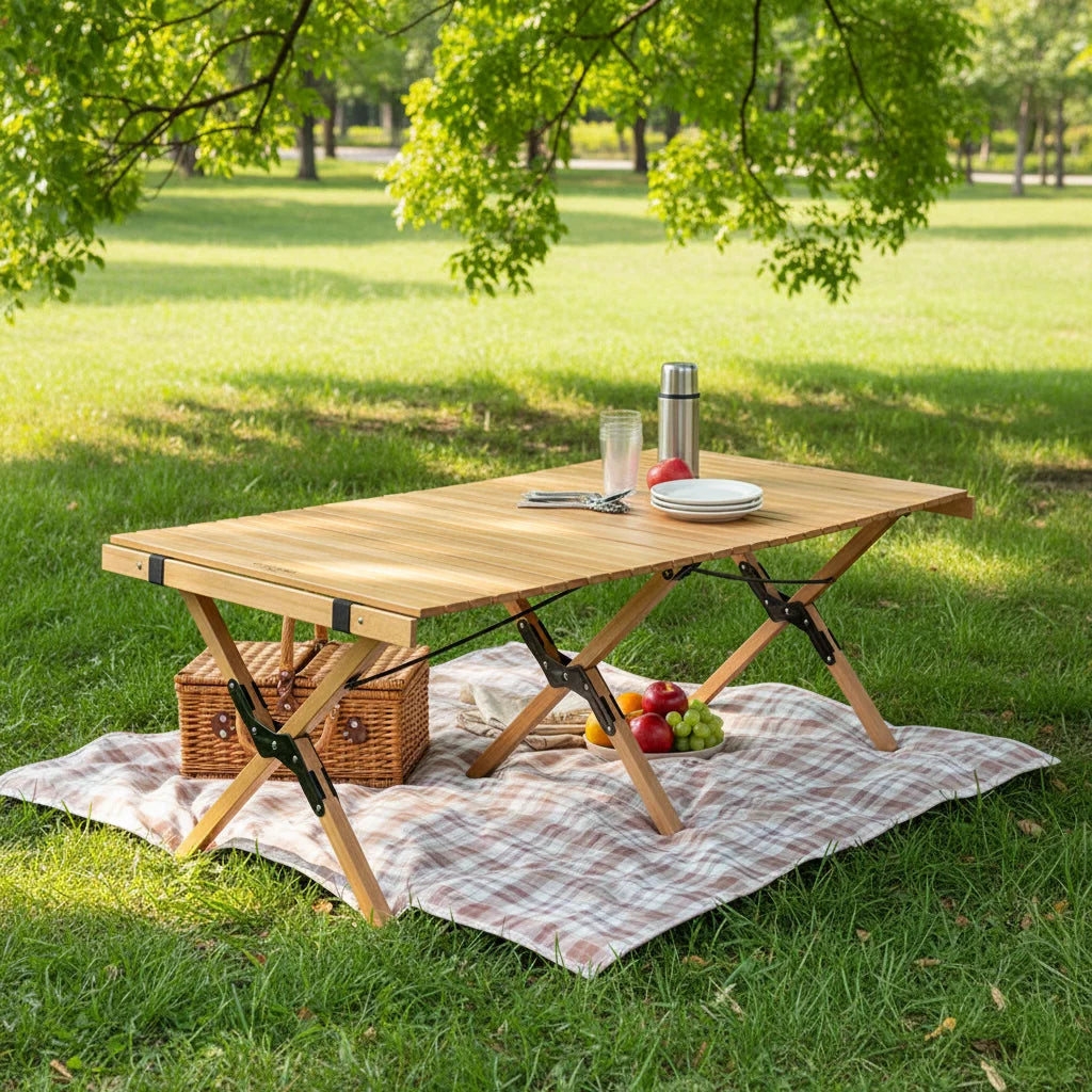 Portable Folding Egg Roll Table | Solid Wood Roll-Up Camping Table for Outdoor Picnic & Beach