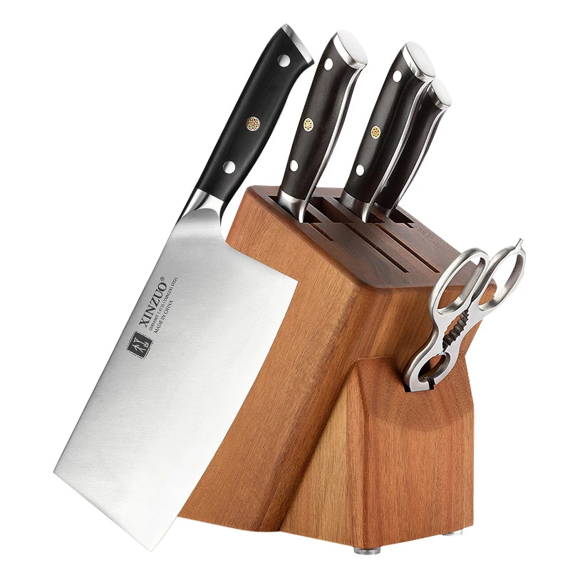 XINZUO Full Tang German 1.4116 Steel Chef Knives Ebony Wood Kitchen Set with Wooden Block Knife Accessories