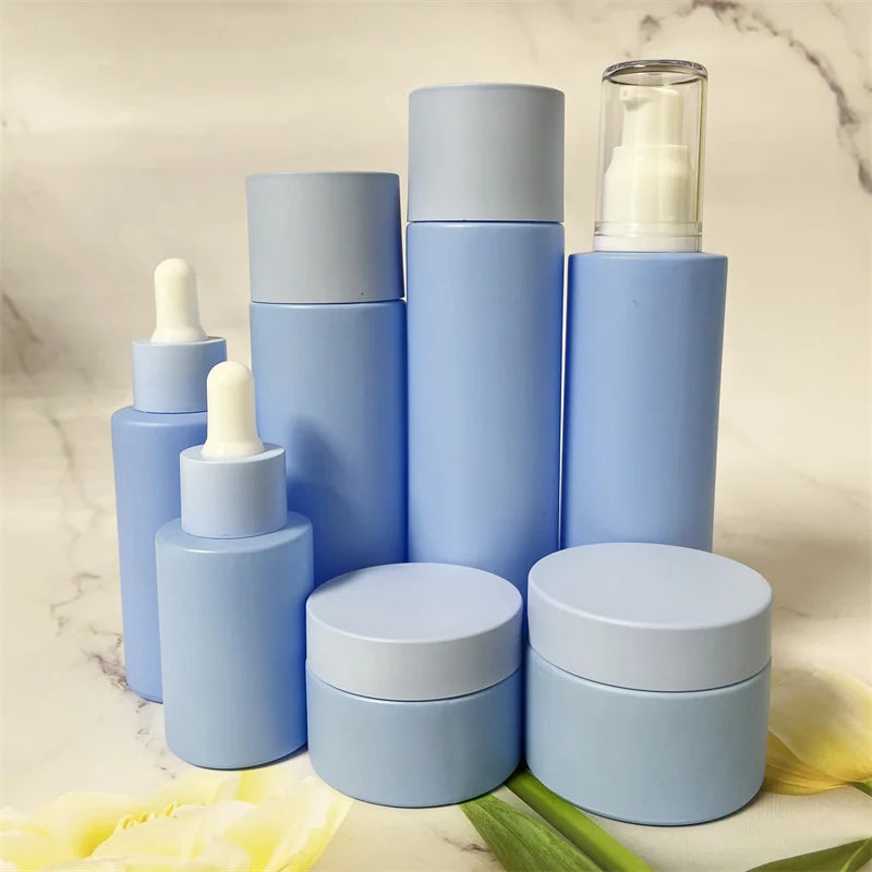 Luxury Wholesale 30ml 50ml Blue High Class Cosmetics Cream Lotion Skincare Glass Jars and Bottles Sets for Packaging Container