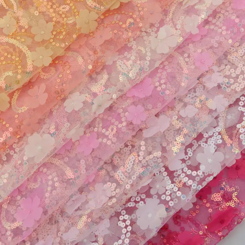 Hot Sale Durable Luxury Pink 3D Floral Beaded Sequined Mesh Lace Fabric Embroidered for Wedding/Special Occasion Dresses Shoes