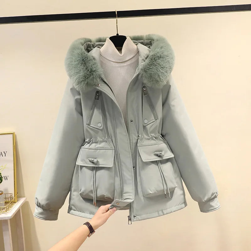 Lady Clothes Winter Padded Coat With Fur Hood Thickened Parkas Jackets Outerwear