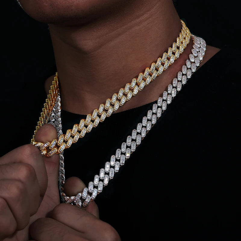 Hot Sale Rapper's Hip Hop Jewelry 12mm 925 Sterling Silver VVS Baguette Moissanite Diamond Iced Out Cuban Link Chain Necklace