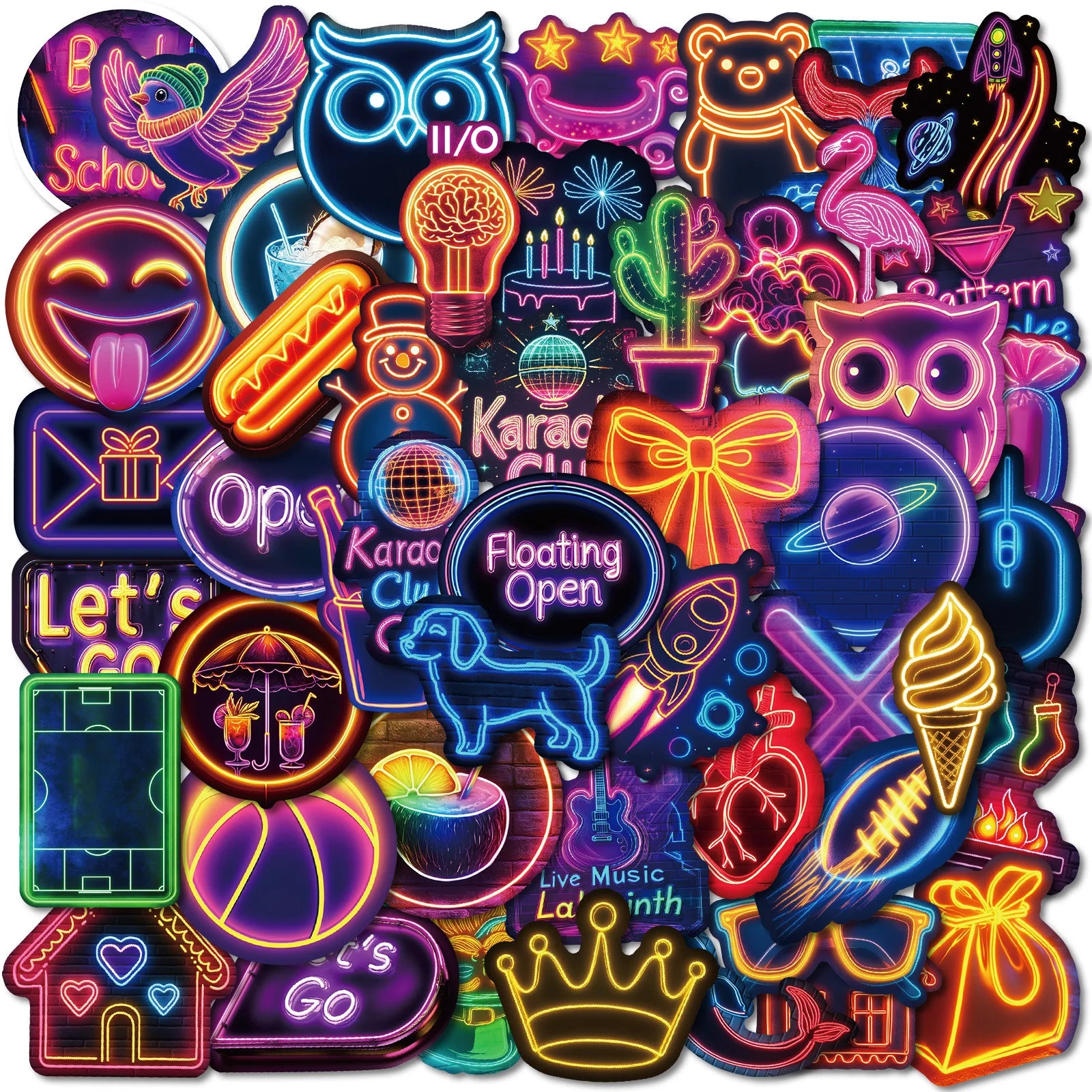 50PCS Fashional neon mixed style music rock rocket planet flying fish sticker