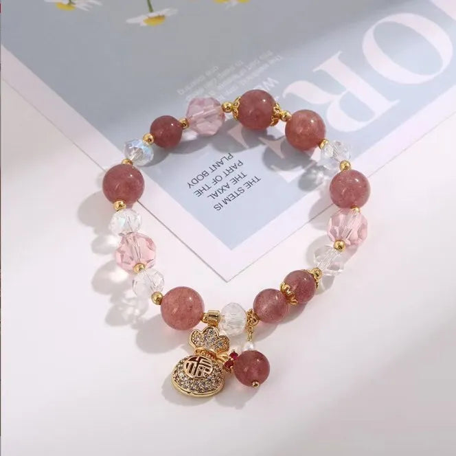 Natural Beads Gemstone Strawberry Crystal Purse Pendant Bracelet Baroque Pearl Crystal Healing Beaded Bracelet for Women