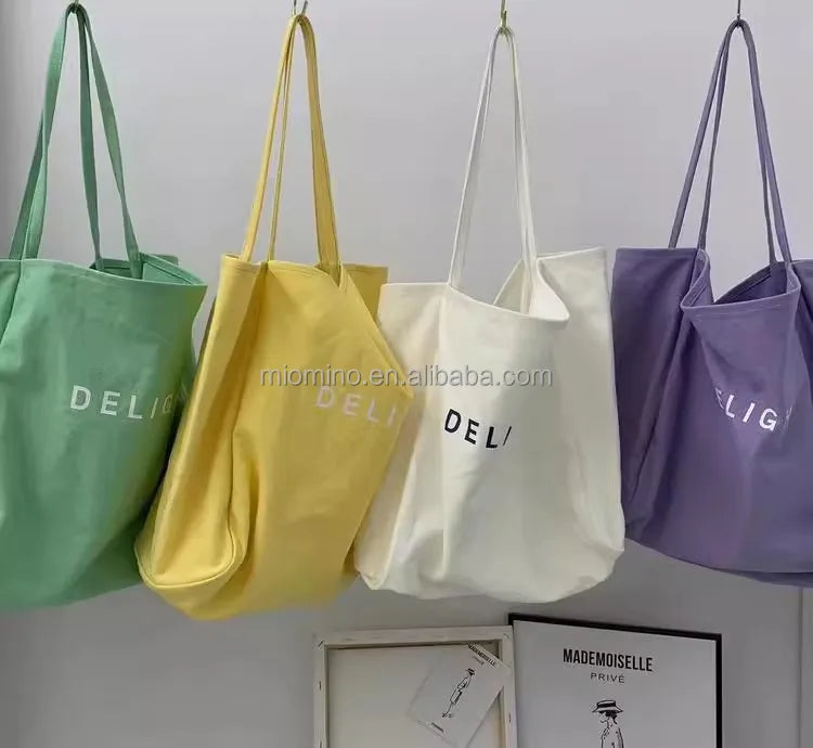 Candy Color 12oz Silk Screen Printed Thick Cotton Fabric Customized Size Tote Bag Women's Canvas Shoulder Bag Letter Pattern