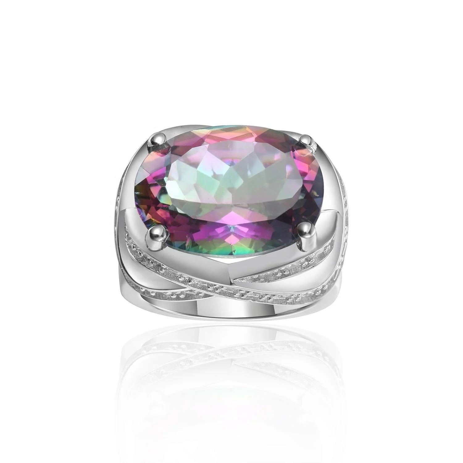 Abiding Hot Selling Special Design 925 Sterling Silver Natural Mystic Quartz Gemstone Big Stone Ring