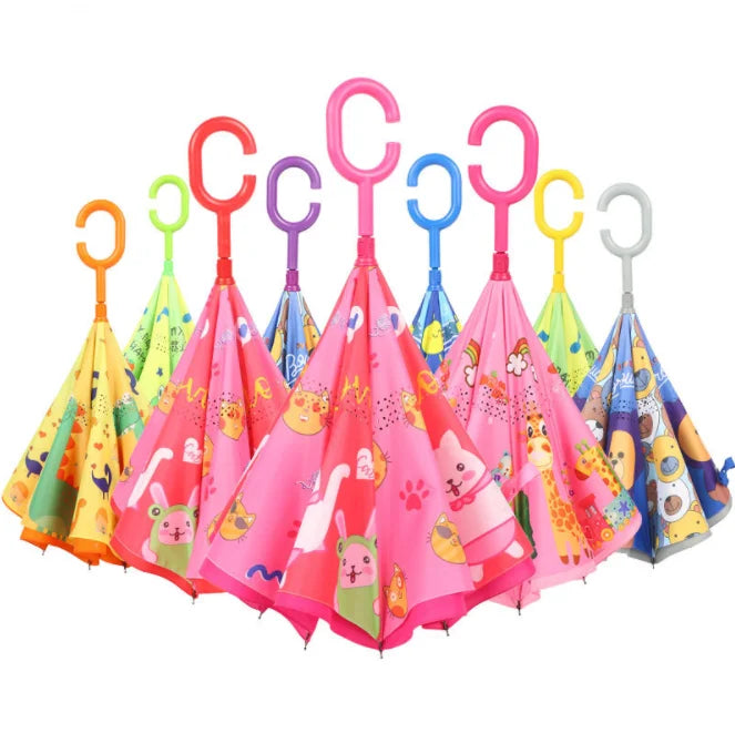 C-Shaped Handle Kids Invert Reverse Umbrella Double Layer Polyester Manual Control Straight Pattern Minimalist Design