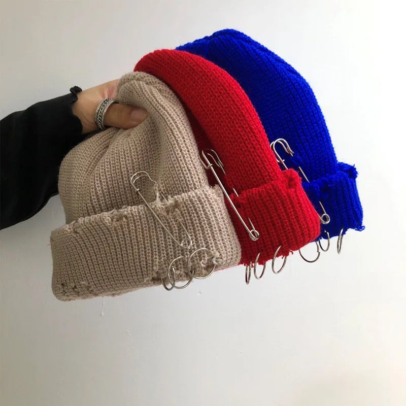 2025 Hat Women's Autumn and Winter Ring Pin Street Hip-hop Beanie Hat Hole Grinding Edge Knitted Hat