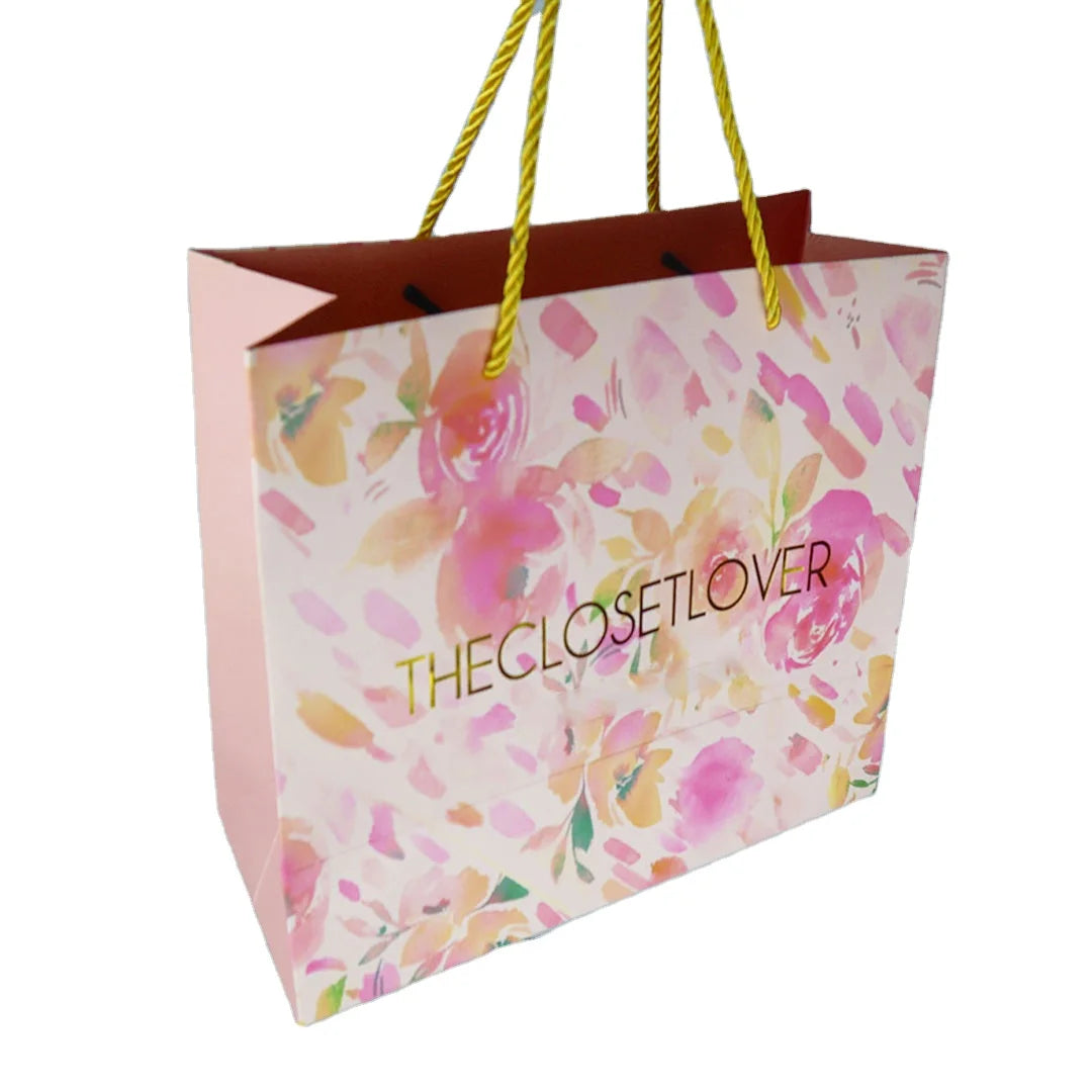 Wholesale Custom Pink Gift Paper Bags Personalise Wedding Bags with Logo Print Art Paper Hot Stamping Recyclable Personal Care