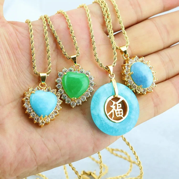 NZ1490 18K Gold Plated Stainless Steel Rope Chain CZ Paved Green Aquamarine Colour Jade Heart Chinese Word Blessing Good Fu