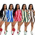 Spring Summer Women Clothing Street Wear Stripe Design Long Sleeve Turndown Neck Casual Top Women Two Piece Short Set