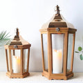 Set of 2 Small Wooden Wind Candle Lantern Wood with Hanging Antique Vintage Candle Holder for Outdoor Indoor Decoration