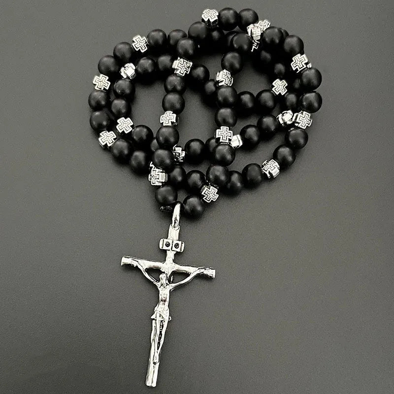 XIMAI Rosaries Necklaces Jesus Cross Pendant 8mm Black Acrylic Beads Rosary Necklace for Pray Gift and Car Accessories