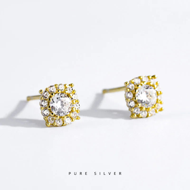 Fashion Jewelry 925 Sterling Silver Round Square Full Zircon Earring Gold Plated Stud Earrings for Women