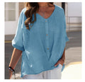 Cotton Linen Solid Color Cross Loose Short Sleeve Shirt Women Blouse
