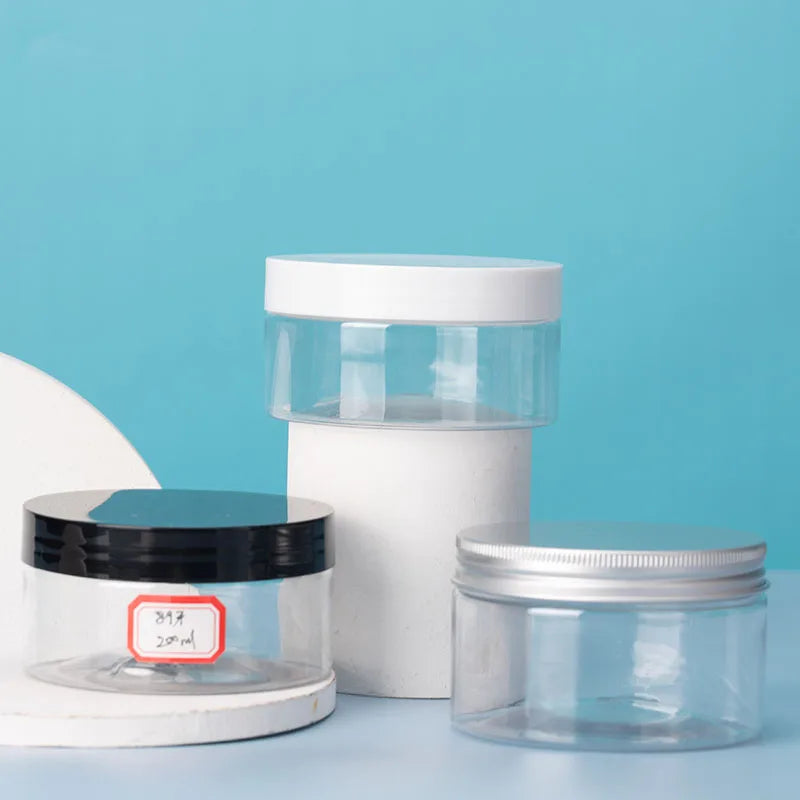 Unique Design Colorful 200g Transparent Wide-mouth PET Cosmetic Jars with Flip Lid for Face Mask & Skincare Screen Printing
