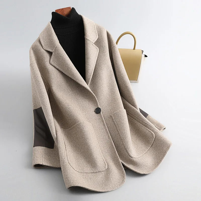 New Autumn Beige Cashmere Coat Suit Collar Women Belted Plus Size Long Wool Coat