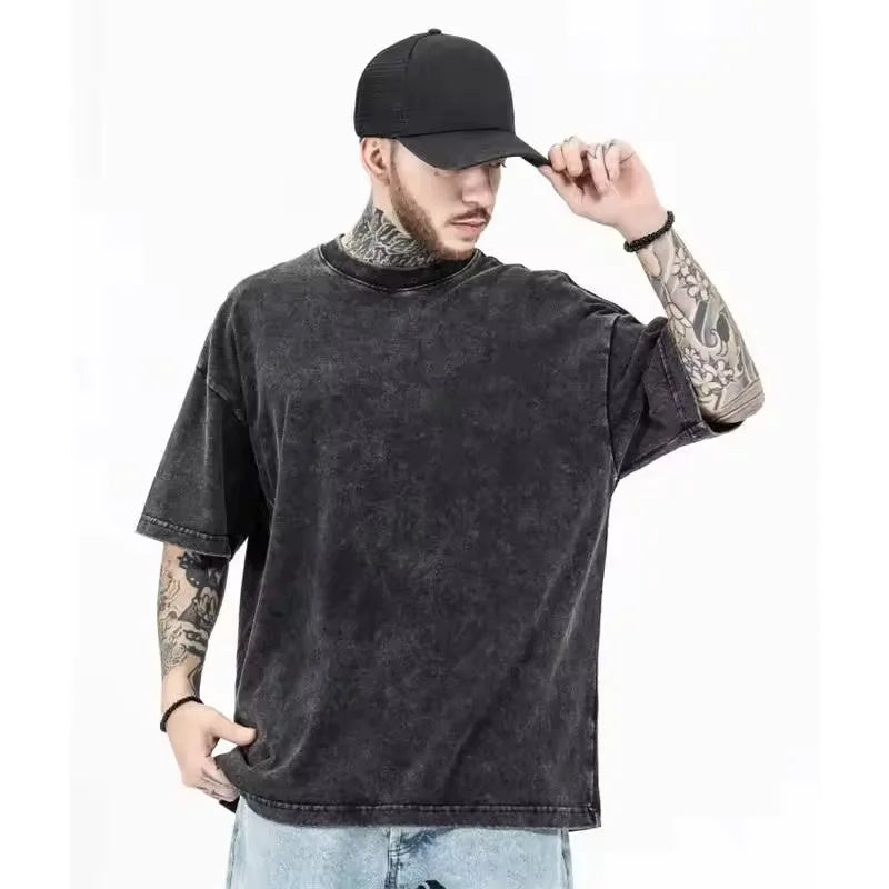 Wholesale OEM Acid Wash Graphic Custom T-Shirt for Men Oversized Vintage Heavy Weight DTG Black Washed Tee Print Pattern