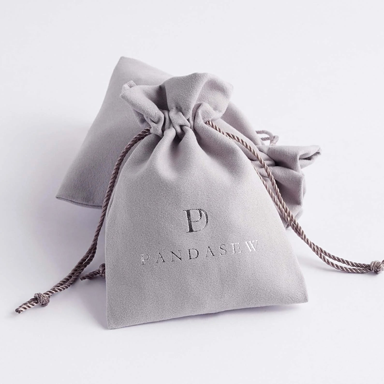 PandaSew Custom Logo Print Gray Gift Package Suede Velvet Pouch Jewelry Drawstring Bag