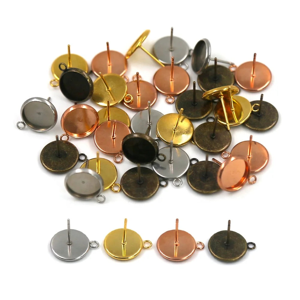 DIY Jewelry Making Accessories 14K Gold Plated Stainless Steel Earring Bezel Posts & Studs Base for Glass Cabochons