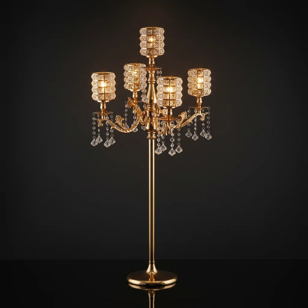 Metal Crystal 5 Arms Candelabra Wedding Table Centerpieces Candlesticks Candle Holders for Christmas Home Decoration