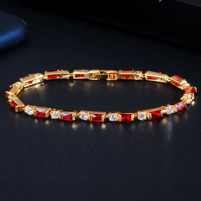 Fashion Red Purple Green Blue Black Cubic Zircon 18K Gold Plated Chain Link Bracelet for Women Party Jewelry Gift