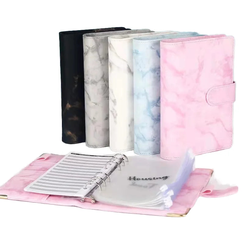 Leather Marble A5 Hardcover Thermal Binding Loose Leaf Notebook Journal with Cash Envelope Gift