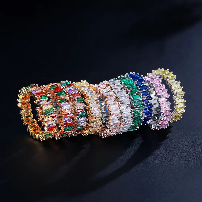 HOVANCI Real 18k Gold Plated Sparkling Colorful CZ Crystal Finger Ring Rainbow Baguette Cubic Zirconia Rings