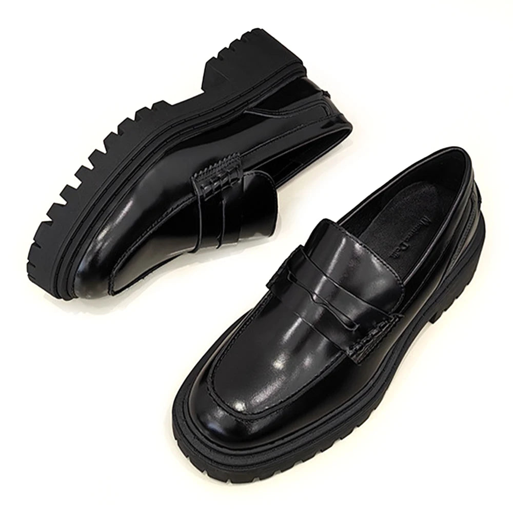 Stylish Women's Shoes Round Head Thick Bottom Heightening Head Layer Cowhide British Single Shoes Small Leather Shoes