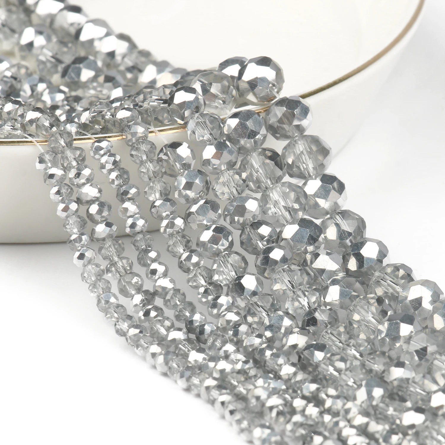 KUOYU 3/4/6/8MM Half Electroplated Faceted Silver Flat Glass Crystal Rondelle Beads 38cm Strand for DIY Handmade Jewelry