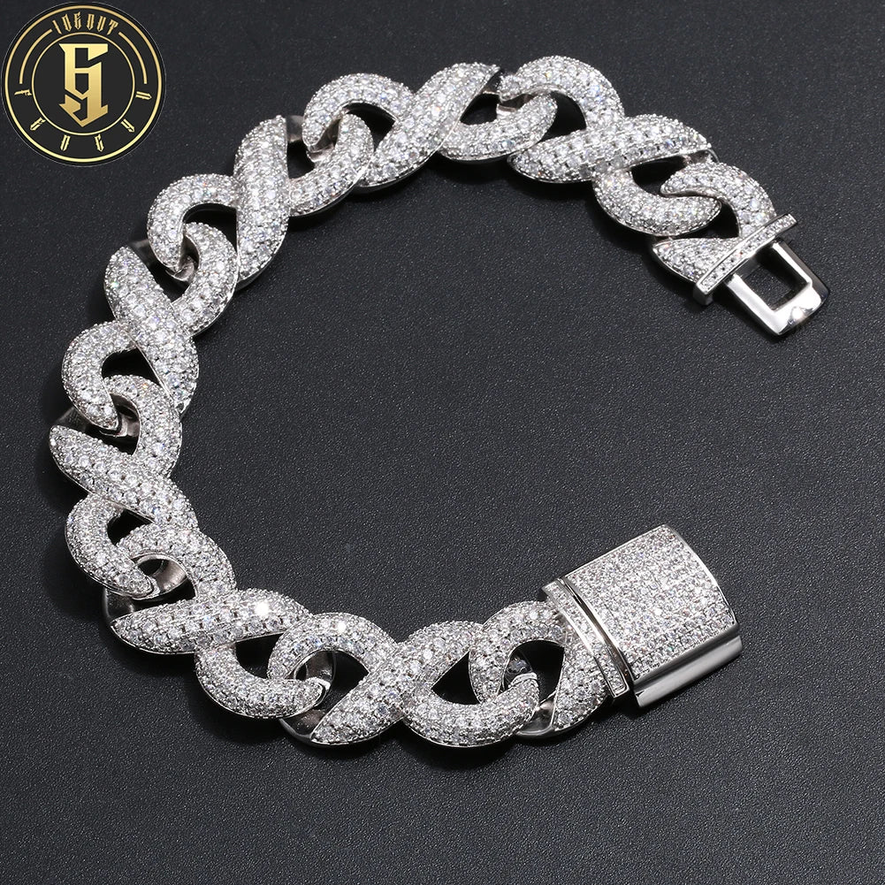 Factory Price Hip Hop Mens 16mm White Gold Brass 5A Cubic Zirconia Fashion Party Jewelry Infinity Link Bracelet