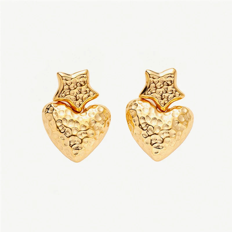 New Trendy 18K Gold PVD Plated Waterproof Dainty Stainless Small Drop Earrings Steel Hammer Heart Charm Hammer Star Stud Earring