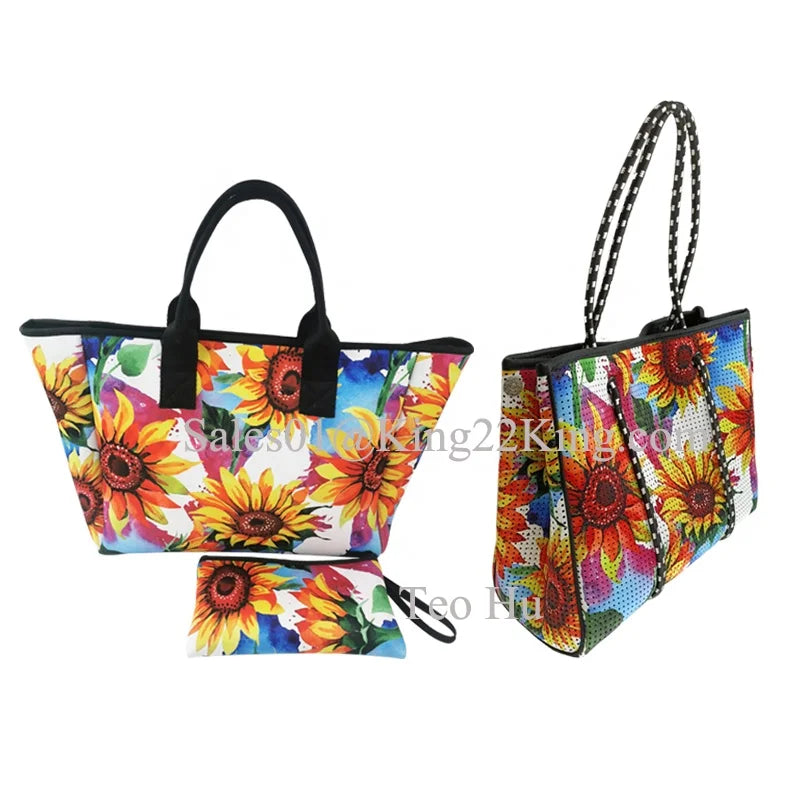 Fancy Custom Design Women Portable Traveling Handbags Hand Bags Large Capacity Neoprene Ladies Hand Bag Shopping Beach Tote Bag