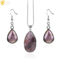 CSJA Wholesale Natural Gem Stone Water Drop Necklace Earring Set Lapis Lazuli Amethyst Chakra Healing Boho Jewelry Sets E567