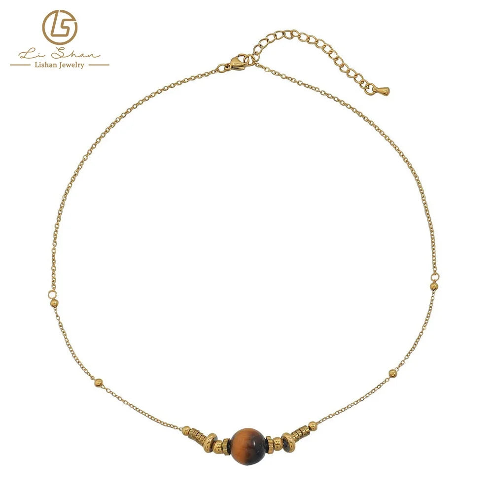 18k Gold Plated Stainless Steel tiger Eye Stone Black Onyx Lapis Lazuli Stone Gemstone Pendant Necklace for Women