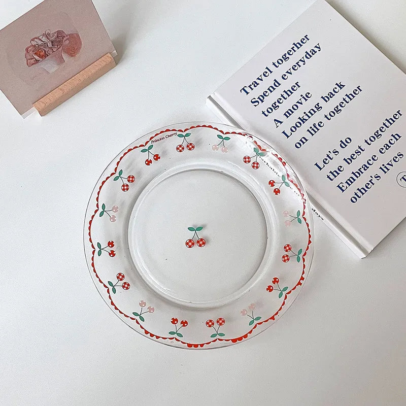 Solhui Cherry Glass Plates With Wavy Red Lines for Fruit Cake & Salad 19.5cm