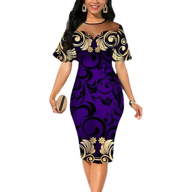 S-3XL Temperament Commuter Wrap Chest Mesh Contrast Purple Print Dress