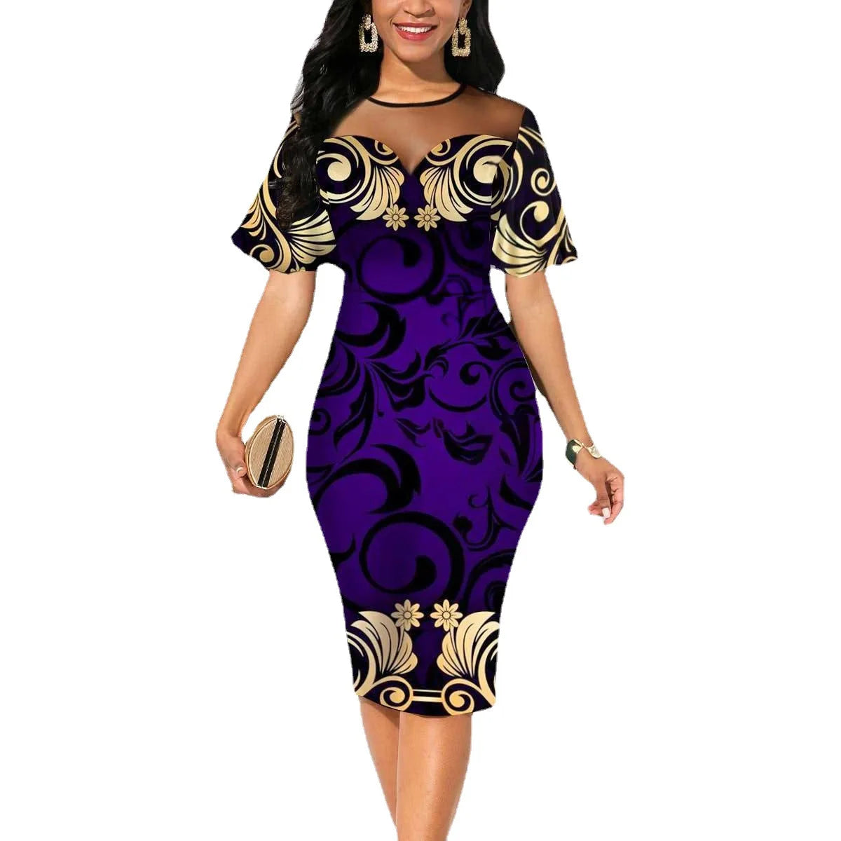 S-3XL Temperament Commuter Wrap Chest Mesh Contrast Purple Print Dress