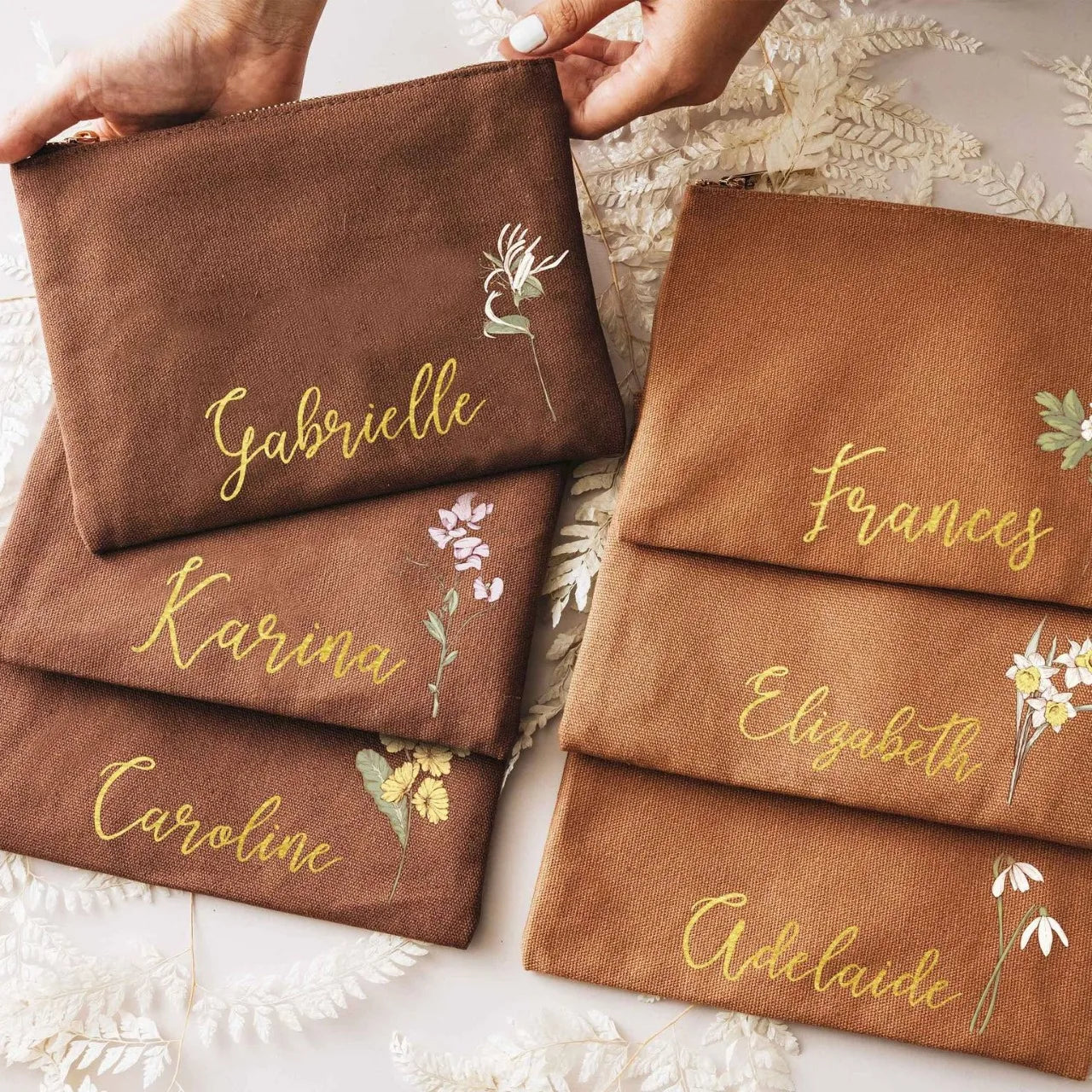 Best Personalized Small Brown Designer Zip Envelope Floral Travel Canvas Cosmetic Makeup Pouch Bag for Purse
