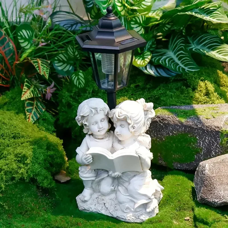 Resin Children Statue with Lantern & Book Fairy Theme Hand-painted Fashion Artistic Design Garden Outdoor Decorative Figurines