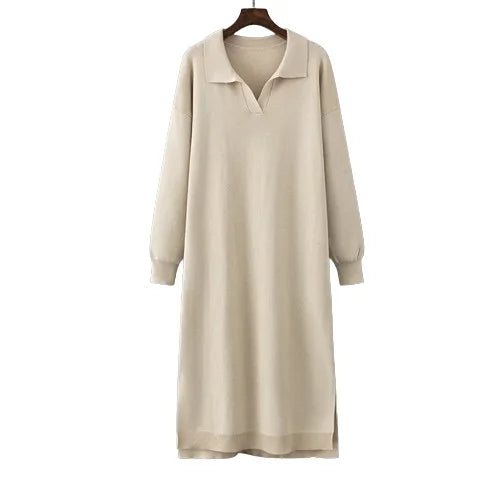 Women Polo Collar Knit Long Dress Casual Oversize Solid Color Women Dress